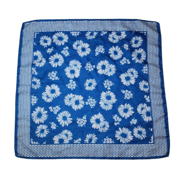 Vintage Blue White Floral Daisy Flower Polka Dot Scarf Neck Tie Hair Tie 20 Inch - Picture 1 of 4